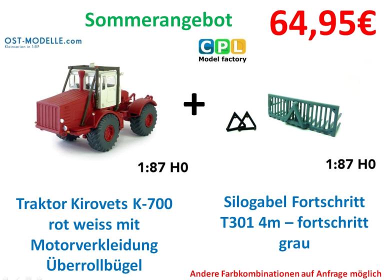 Set Traktor Kirovets K700 rot weiss ohne Motorverkleidung Überrollbügel + Silogabel Fortschritt T301 4m – fortschritt grau